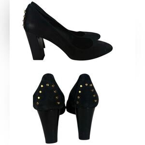 Tod's Black Nubuck Gold Studded Block Heel Round Toe Pumps Size 37 1/2  / 7.5 US